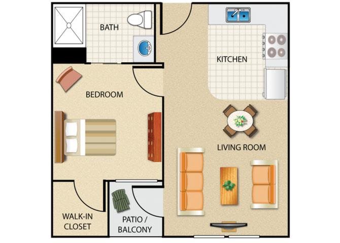 1 bedroom 1 bathroom floor plan at Prescott Lakes Apartments in Prescott, AZ